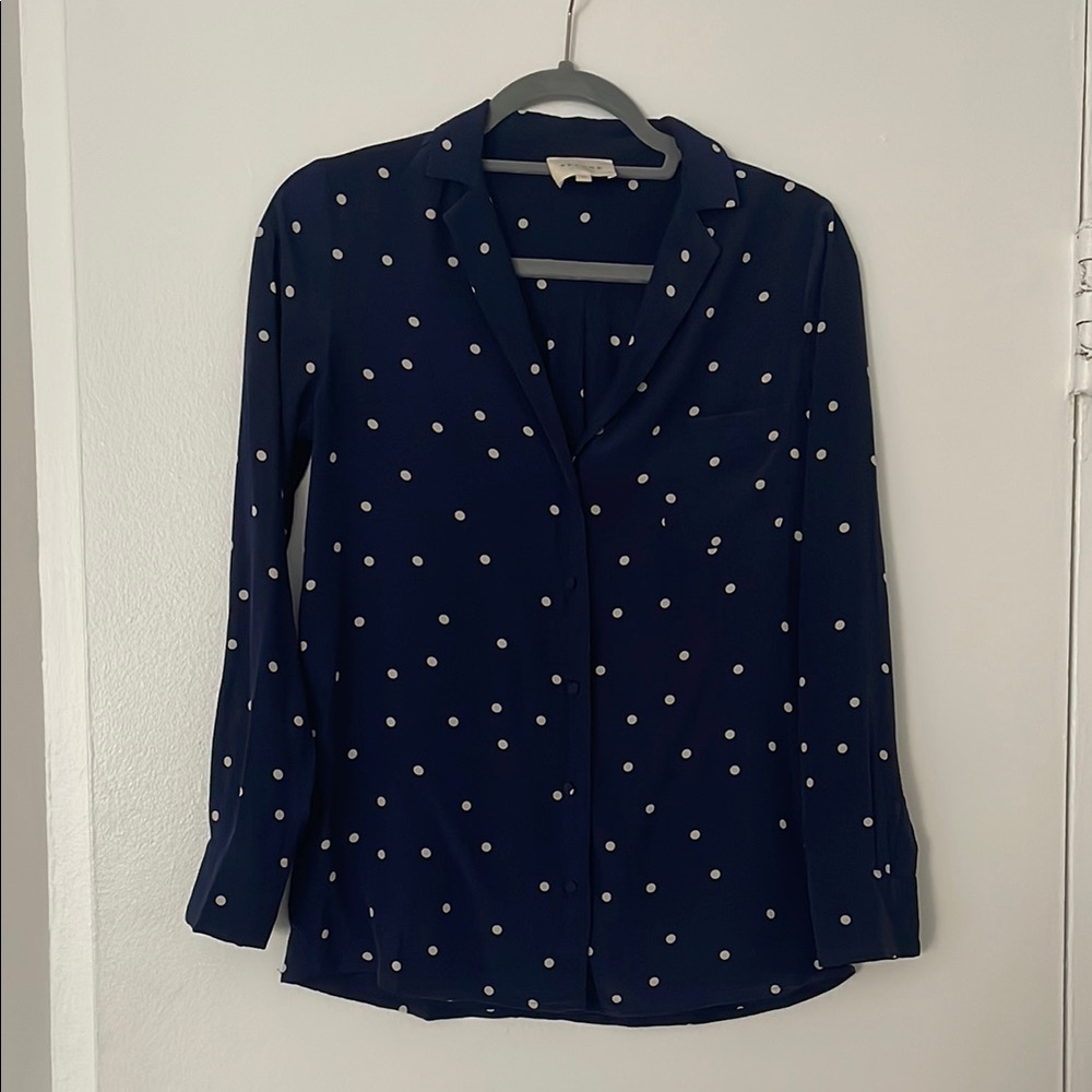 Sezane Silk Navy and White polka dot shirt